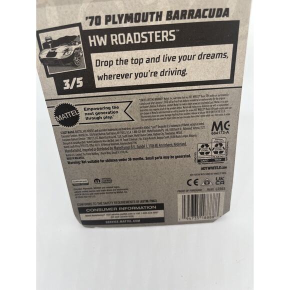 HOT WHEELS 20/250 ‘70 Plymouth Barracuda HW ROADSTERS 3/5 DIECAST CAR - Picture 5 of 5